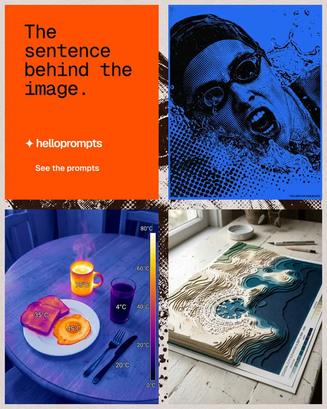Instagram portrait post for HelloPrompts: "The sentence behind the image." Swiss style, collage layout, dark palette in blue, red, white.