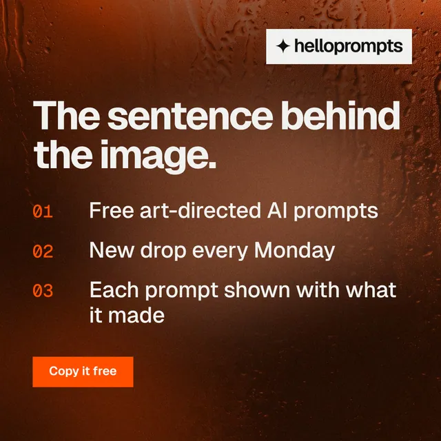 Instagram post for HelloPrompts: "The sentence behind the image." Swiss style, numbered layout, dark palette in orange, black, brown.