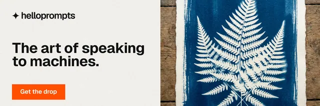 X header for HelloPrompts: "The art of speaking to machines." Swiss style, bottom layout, light palette in white, blue, grey.