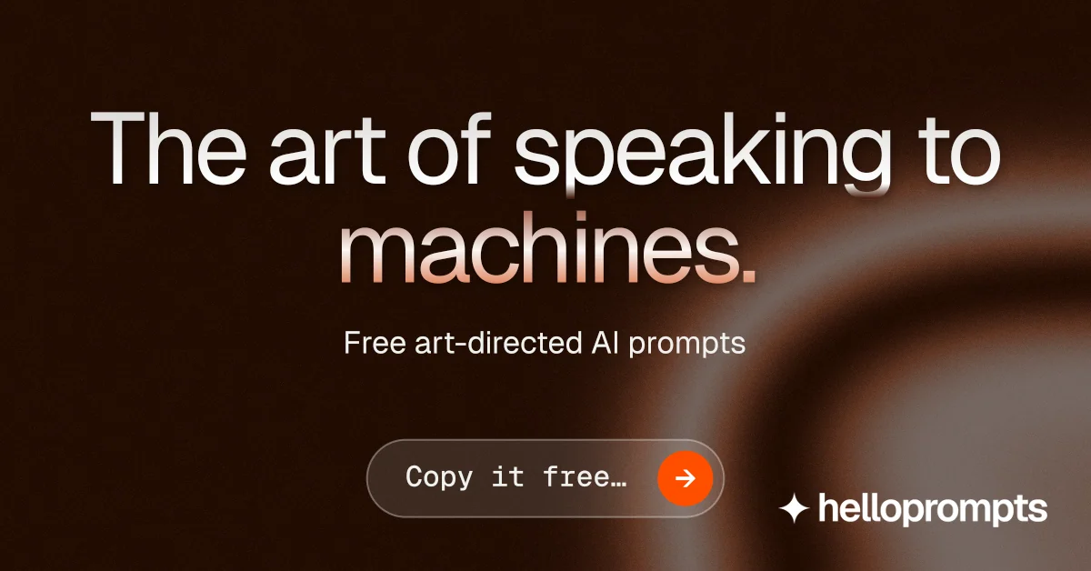 Social ad for HelloPrompts: "The art of speaking to machines." Agentic glass style, centred layout, dark palette in black, grey, orange.