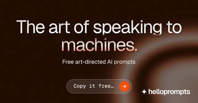 Social ad for HelloPrompts: "The art of speaking to machines." Agentic glass style, centred layout, dark palette in black, grey, orange.