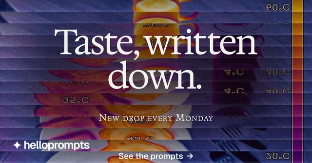 Social ad for HelloPrompts: "Taste, written down." Agentic glass style, smallcaps layout, dark palette in purple, blue, pink.