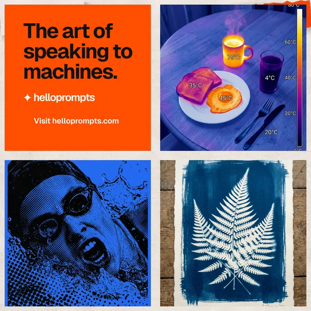 Instagram post for HelloPrompts: "The art of speaking to machines." Swiss style, collage layout, dark palette in blue, red, white.