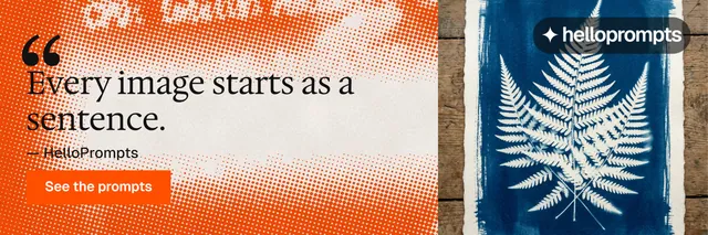 X header for HelloPrompts: "See the prompt. Steal the taste." Swiss style, quote layout, light palette in orange, blue.