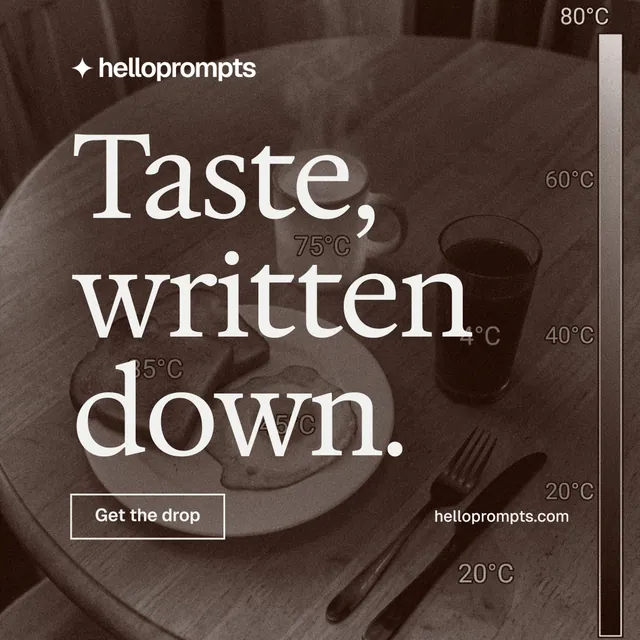 Instagram post for HelloPrompts: "Taste, written down." Editorial style, poster layout, dark palette in orange, grey.