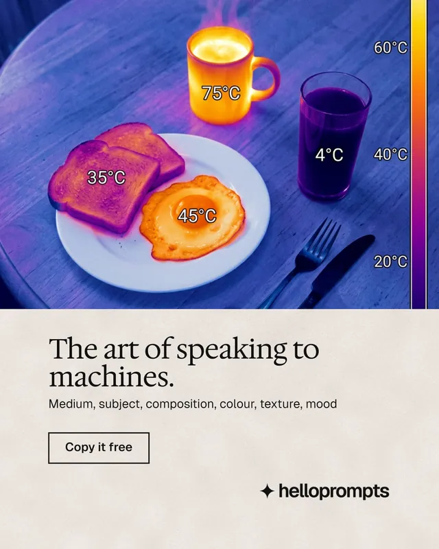 Instagram portrait post for HelloPrompts: "The art of speaking to machines." Editorial style, bottom layout, light palette in blue, orange.