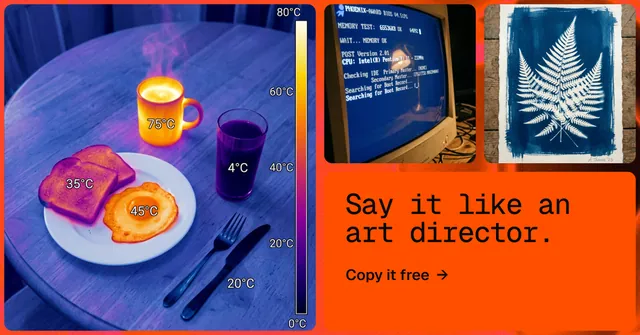 Social ad for HelloPrompts: "Say it like an art director." Agentic glass style, collage layout, dark palette in red, blue, grey.