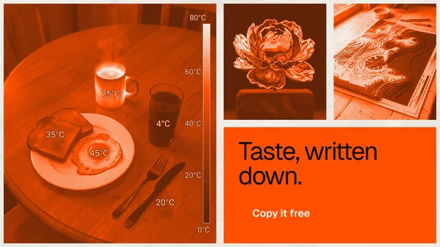 Landscape graphic for HelloPrompts: "Taste, written down." Swiss style, collage layout, dark palette in orange.