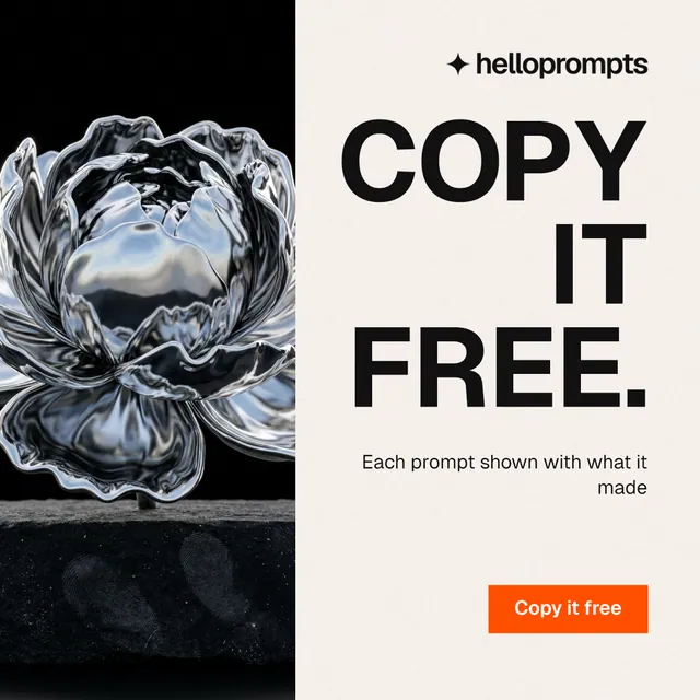 Instagram post for HelloPrompts: "Copy it free." Swiss style, right layout, light palette in white, black, grey.