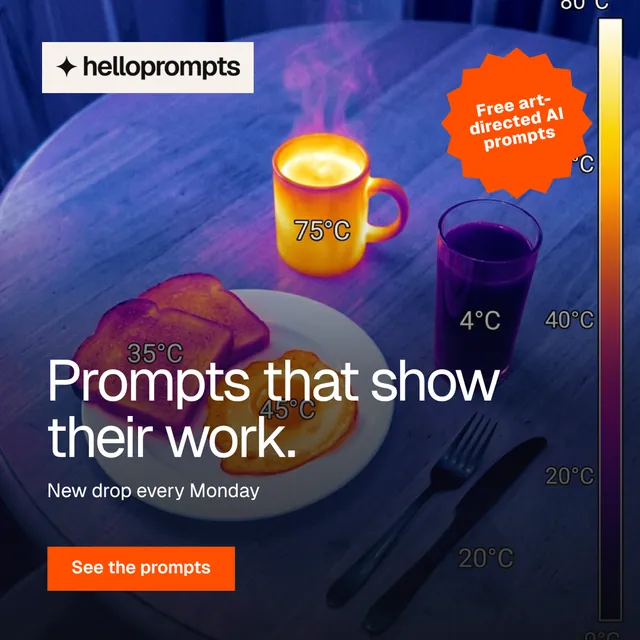 Instagram post for HelloPrompts: "Prompts that show their work." Swiss style, sticker layout, dark palette in blue, purple, orange.