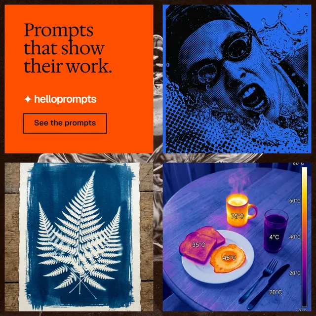 Instagram post for HelloPrompts: "Prompts that show their work." Editorial style, collage layout, dark palette in blue, grey, red.