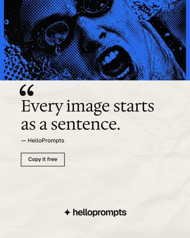 Instagram portrait post for HelloPrompts: "The sentence behind the image." Editorial style, quote layout, light palette in yellow, blue, white.