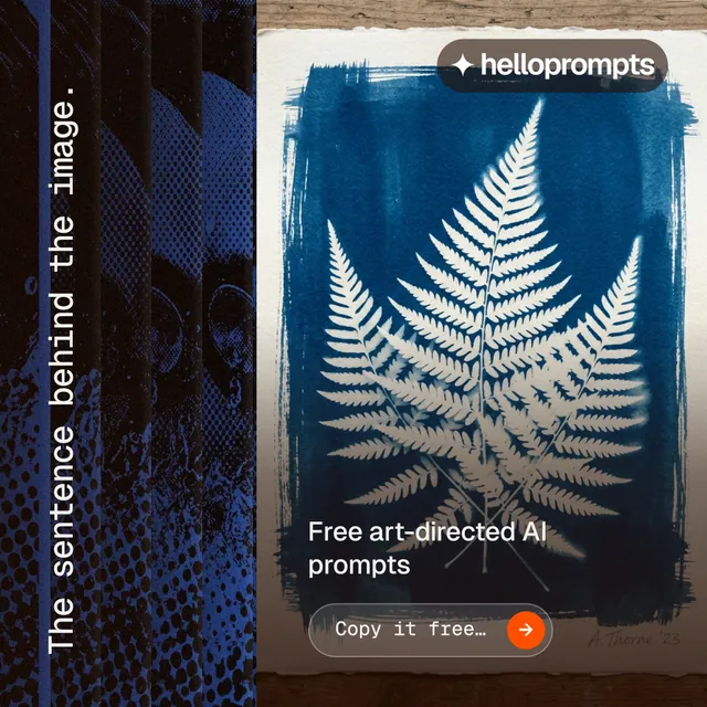 Instagram post for HelloPrompts: "The sentence behind the image." Agentic glass style, vertical layout, dark palette in blue, black, grey.