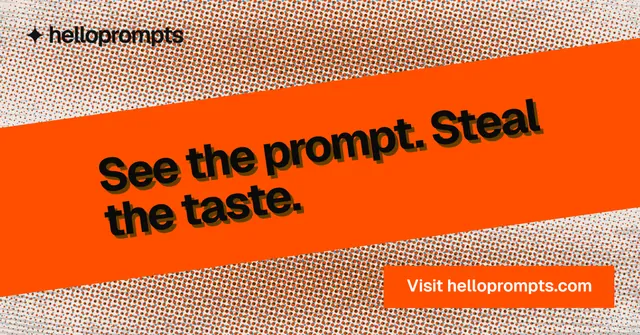 Social ad for HelloPrompts: "See the prompt. Steal the taste." Swiss style, diagonal layout, light palette in orange.