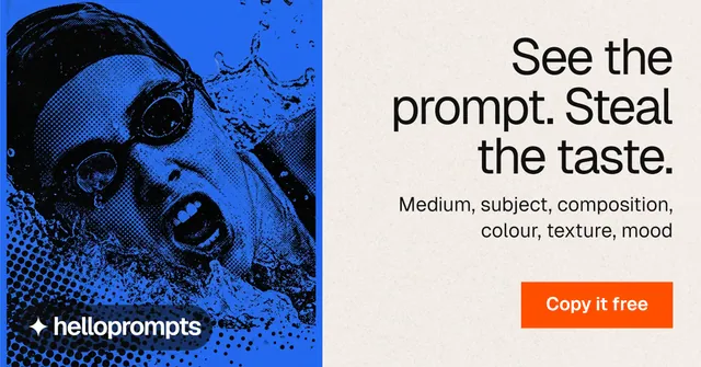 Social ad for HelloPrompts: "See the prompt. Steal the taste." Swiss style, right layout, light palette in blue, white, grey.