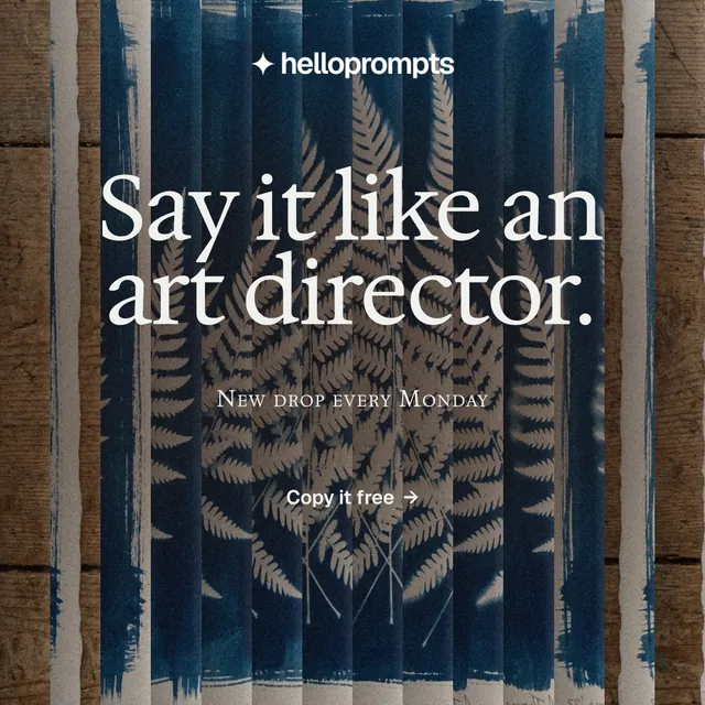 Instagram post for HelloPrompts: "Say it like an art director." Agentic glass style, smallcaps layout, dark palette in blue, grey, black.