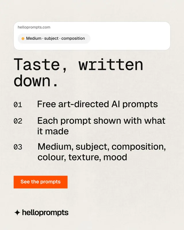 Instagram portrait post for HelloPrompts: "Taste, written down." Swiss style, numbered layout, light palette in yellow, grey, white.