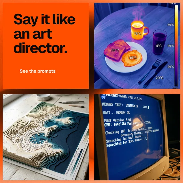 Instagram post for HelloPrompts: "Say it like an art director." Swiss style, collage layout, dark palette in blue, red, orange.