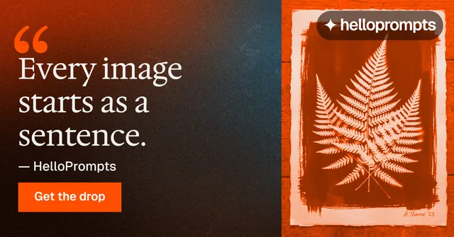Social ad for HelloPrompts: "The sentence behind the image." Swiss style, quote layout, dark palette in orange, brown.