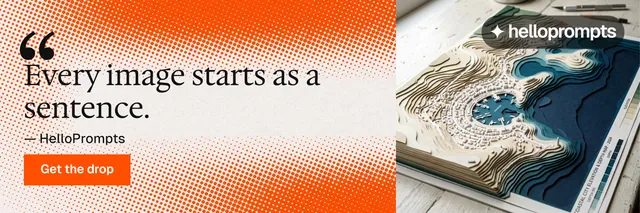 X header for HelloPrompts: "The sentence behind the image." Swiss style, quote layout, light palette in orange, brown, white.