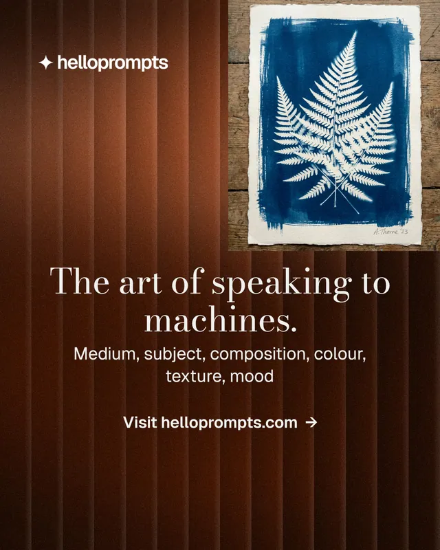 Instagram portrait post for HelloPrompts: "The art of speaking to machines." Minimal luxury style, skeleton layout, dark palette in red, black, orange.