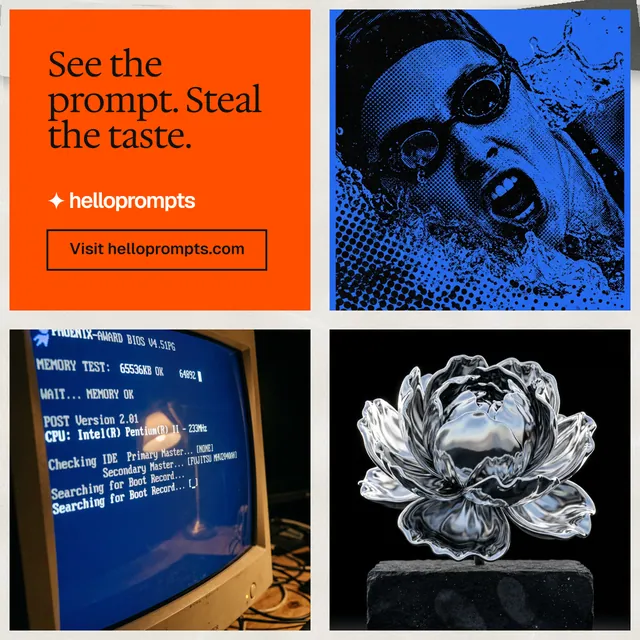 Instagram post for HelloPrompts: "See the prompt. Steal the taste." Editorial style, collage layout, dark palette in black, red, grey.
