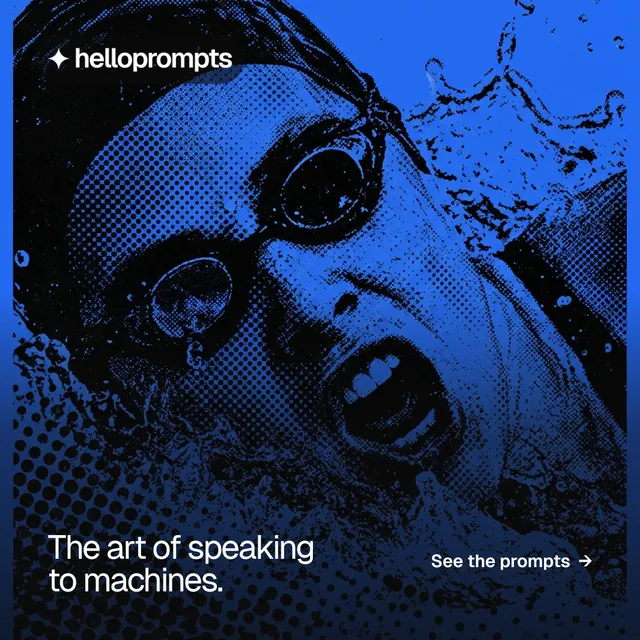 Instagram post for HelloPrompts: "The art of speaking to machines." Swiss style, image led layout, dark palette in blue, black.