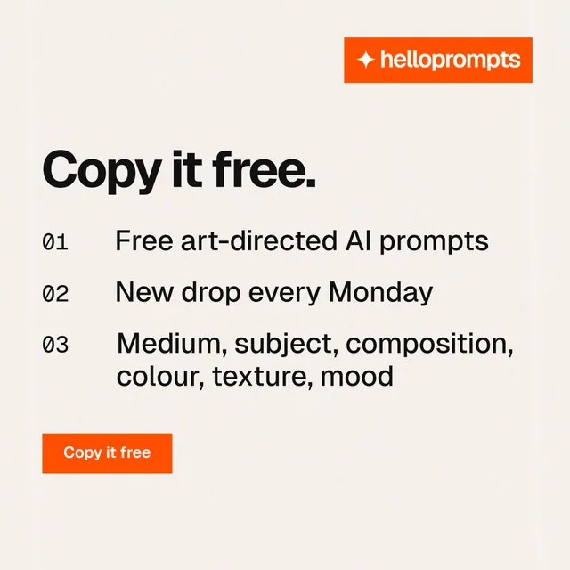 Instagram post for HelloPrompts: "Copy it free." Swiss style, numbered layout, light palette in white, orange.