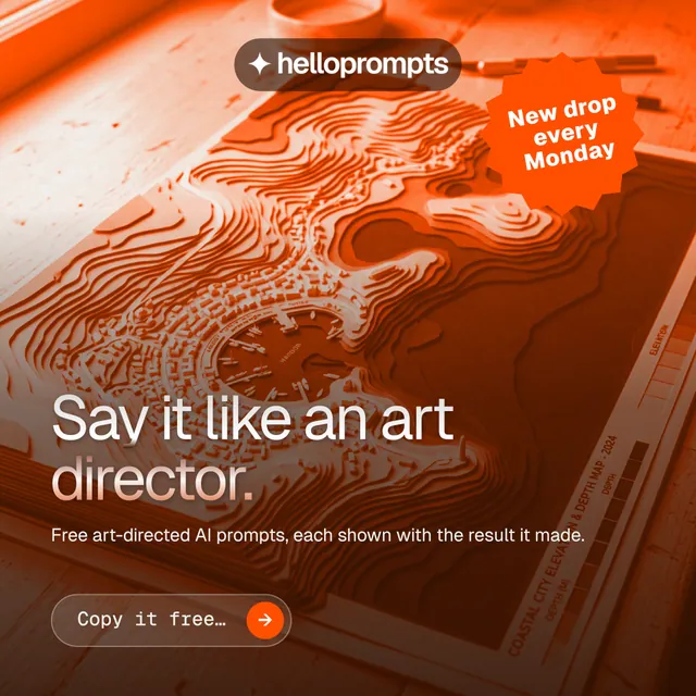 Instagram post for HelloPrompts: "Say it like an art director." Agentic glass style, sticker layout, dark palette in orange.