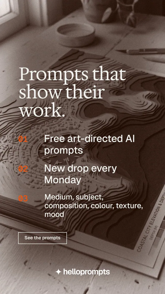 Instagram story for HelloPrompts: "Prompts that show their work." Editorial style, numbered layout, dark palette in grey, orange.
