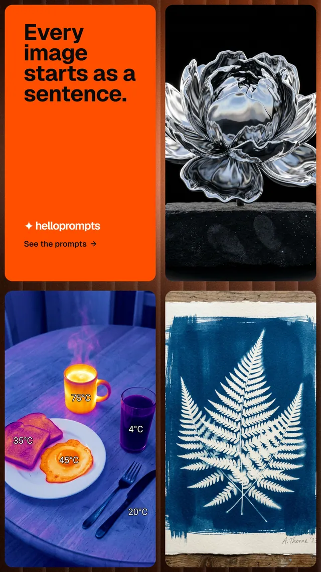 Instagram story for HelloPrompts: "Every image starts as a sentence." Agentic glass style, collage layout, dark palette in blue, red, grey.