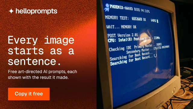 Landscape graphic for HelloPrompts: "Every image starts as a sentence." Swiss style, bottom layout, dark palette in black, red, orange.