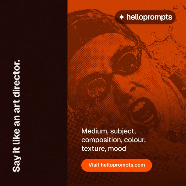 Instagram post for HelloPrompts: "Say it like an art director." Y2K style, vertical layout, dark palette in orange, black, red.