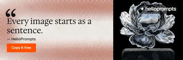 X header for HelloPrompts: "Prompts that show their work." Swiss style, quote layout, light palette in red, black, grey.