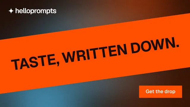 Landscape graphic for HelloPrompts: "Taste, written down." Swiss style, diagonal layout, dark palette in orange.