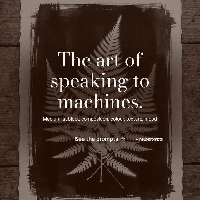 Instagram post for HelloPrompts: "The art of speaking to machines." Minimal luxury style, centred layout, dark palette in orange, black, grey.