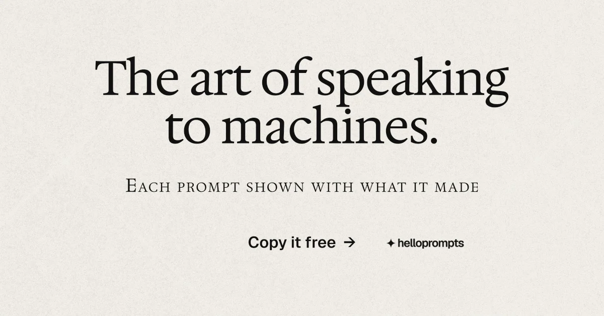 Social ad for HelloPrompts: "The art of speaking to machines." Editorial style, smallcaps layout, light palette in yellow, white, grey.