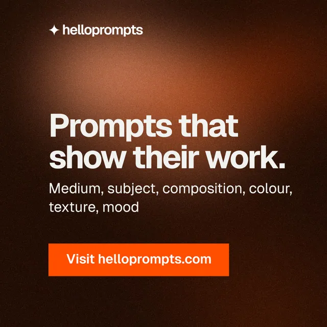 Instagram post for HelloPrompts: "Prompts that show their work." Swiss style, skeleton layout, dark palette in black, orange.