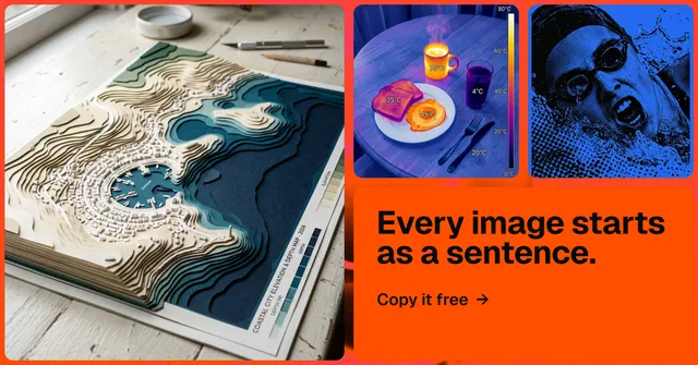 Social ad for HelloPrompts: "Every image starts as a sentence." Agentic glass style, collage layout, light palette in orange, blue, grey.