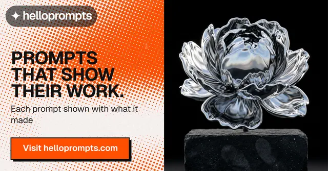 Social ad for HelloPrompts: "Prompts that show their work." Brutalist style, bottom layout, dark palette in black, orange, white.