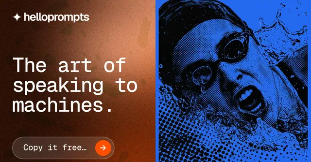 Social ad for HelloPrompts: "The art of speaking to machines." Agentic glass style, bottom layout, dark palette in orange, blue.