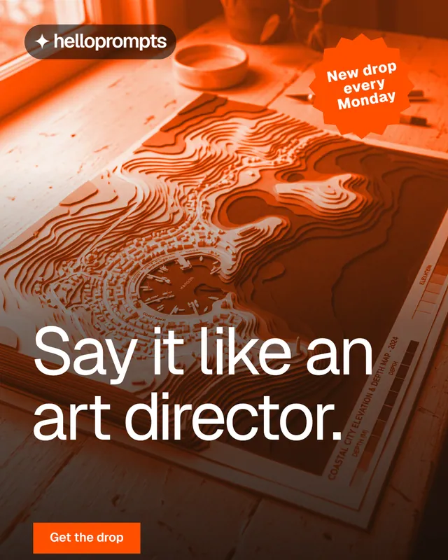 Instagram portrait post for HelloPrompts: "Say it like an art director." Swiss style, sticker layout, dark palette in orange, brown.