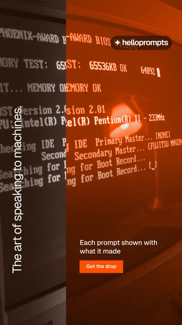 Instagram story for HelloPrompts: "The art of speaking to machines." Swiss style, vertical layout, dark palette in orange, brown.