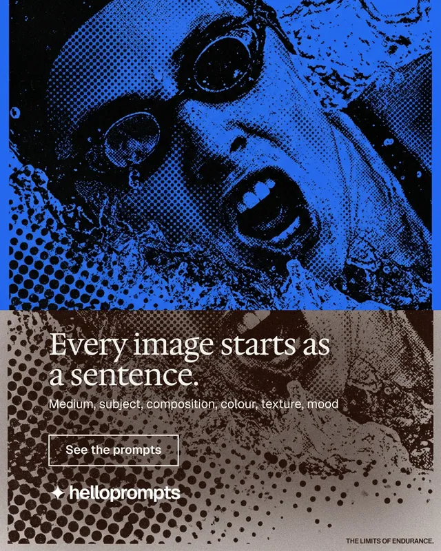 Instagram portrait post for HelloPrompts: "Every image starts as a sentence." Editorial style, bottom layout, dark palette in blue, black, grey.