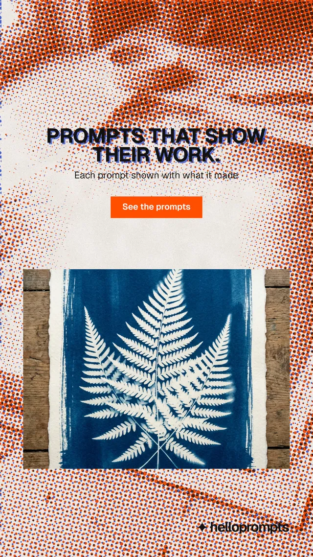 Instagram story for HelloPrompts: "Prompts that show their work." Swiss style, centred layout, light palette in red, grey, orange.