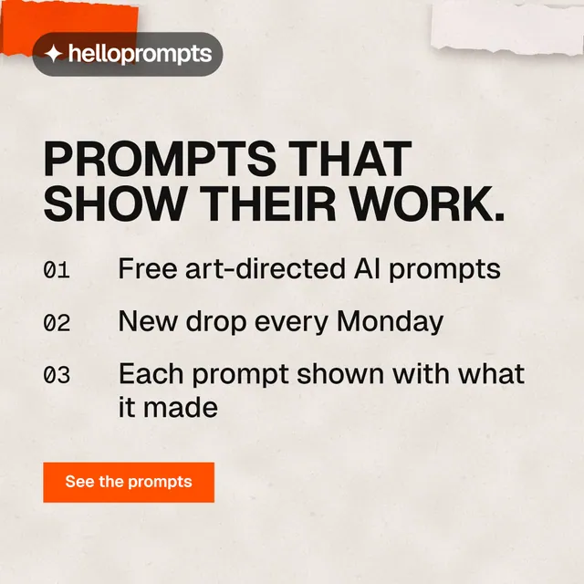 Instagram post for HelloPrompts: "Prompts that show their work." Swiss style, numbered layout, light palette in orange.