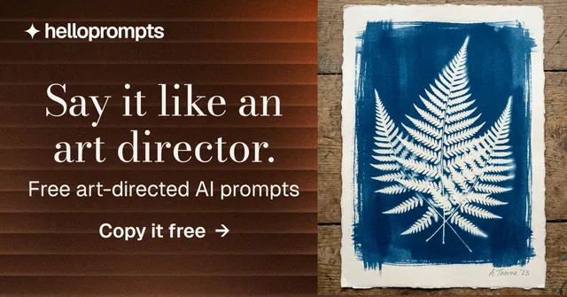 Social ad for HelloPrompts: "Say it like an art director." Minimal luxury style, skeleton layout, dark palette in orange, grey, red.