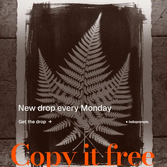 Instagram post for HelloPrompts: "Copy it free." Minimal luxury style, oversized layout, dark palette in black, orange, grey.