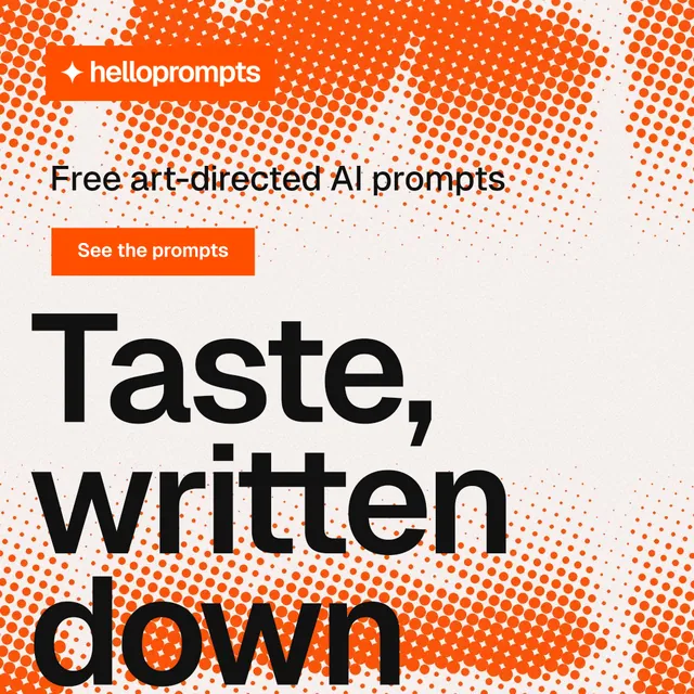 Instagram post for HelloPrompts: "Say it like an art director." Swiss style, oversized layout, light palette in orange, white, brown.