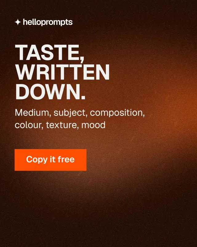Instagram portrait post for HelloPrompts: "Taste, written down." Swiss style, skeleton layout, dark palette in orange, black, brown.